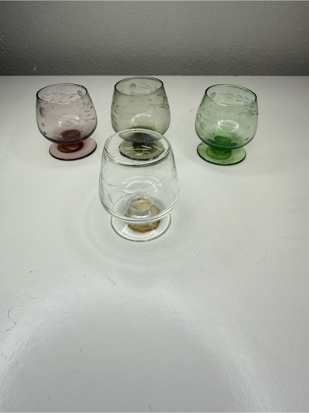 Vintage Japan Hand Cut Mini Brandy Snifter Glasses Set of 4 Colored Etched